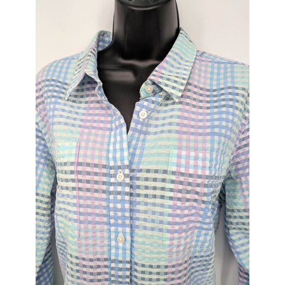 L.L. Bean Check Plaid Women Button Up Shirt L Vacation Seersucker Coastal Retro - Picture 4 of 12